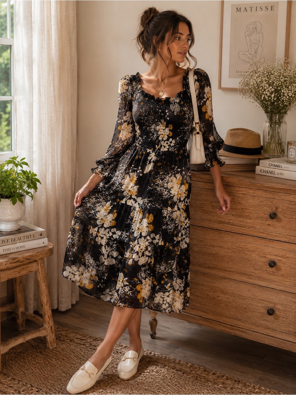 Baltic Born Black Floral Tiered Midi Dress with Mustard Accents